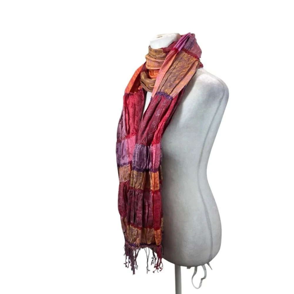Ladies Silk and Linen Fringe End Scarf Purple, Pink‎ and Orange
